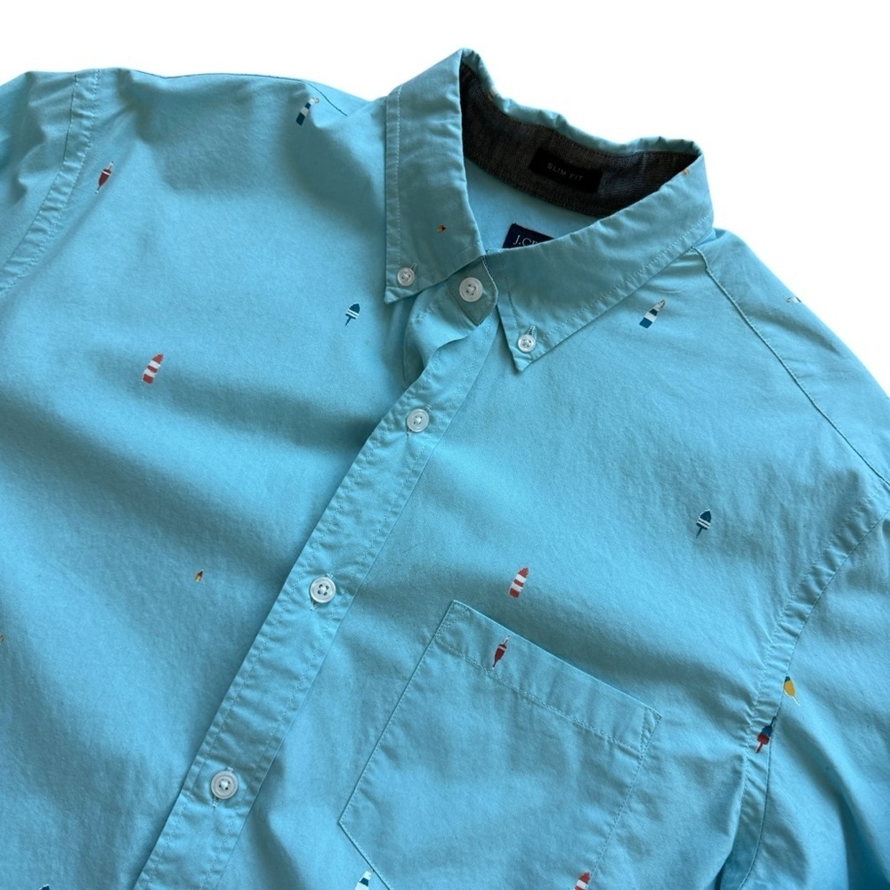 J. Crew Slim Fit Shirt Mens M Light Blue Nautical Buoy Print Button-Down Summer